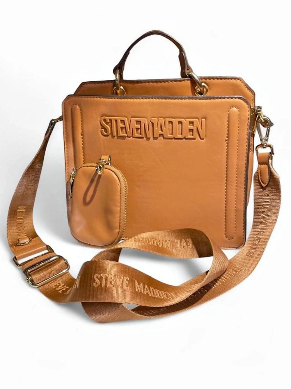 Steve Madden Logo Embossed Top Handle Crossbody Satchel in Tan with matching pou